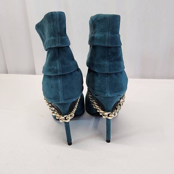 GUESS Adilee Teal Chain Pleated Peep Toe Stiletto Leather Booties Aize 9.5 M - Picture 5 of 11
